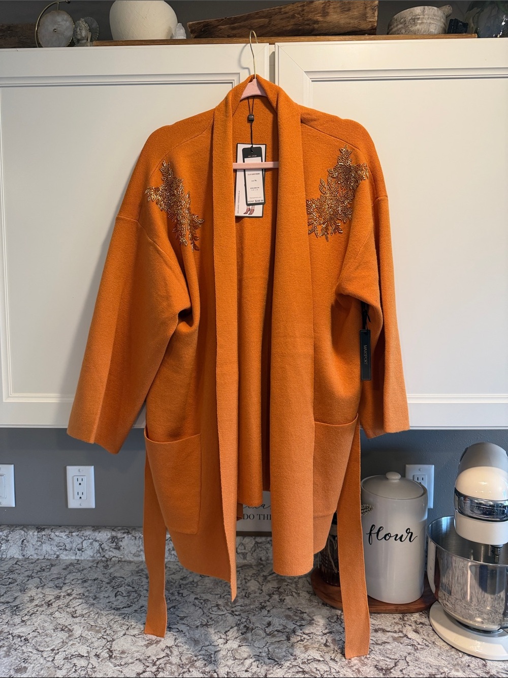 Max sport Embroidered Open-Front Orange Knit Cardigan Sweater